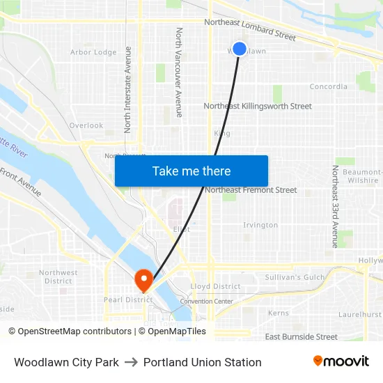 Woodlawn City Park to Portland Union Station map
