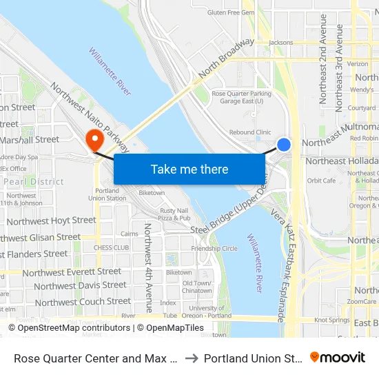 Rose Quarter Center and Max Station to Portland Union Station map