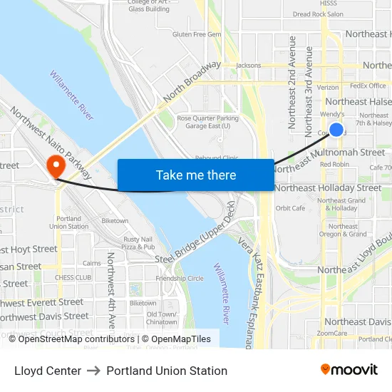 Lloyd Center to Portland Union Station map