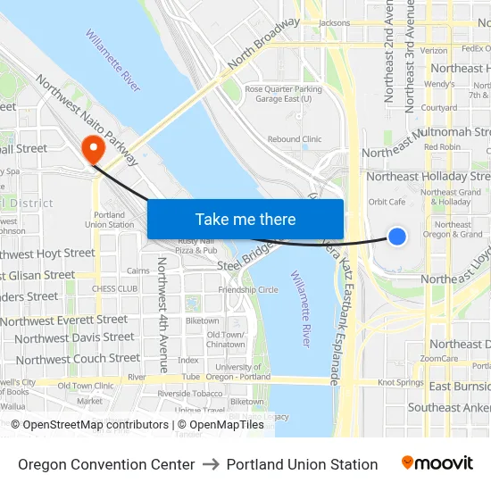 Oregon Convention Center to Portland Union Station map
