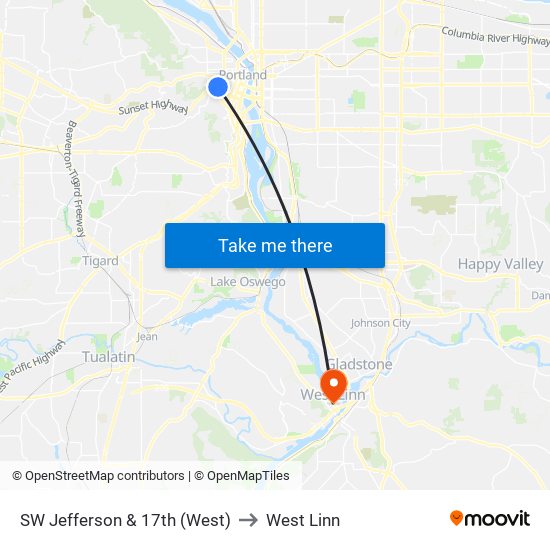 SW Jefferson & 17th (West) to West Linn map