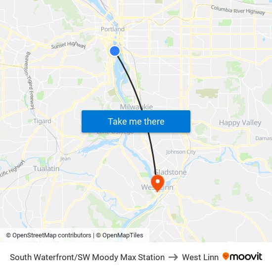 South Waterfront/SW Moody Max Station to West Linn map