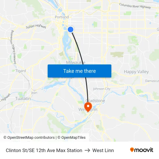 Clinton St/SE 12th Ave Max Station to West Linn map