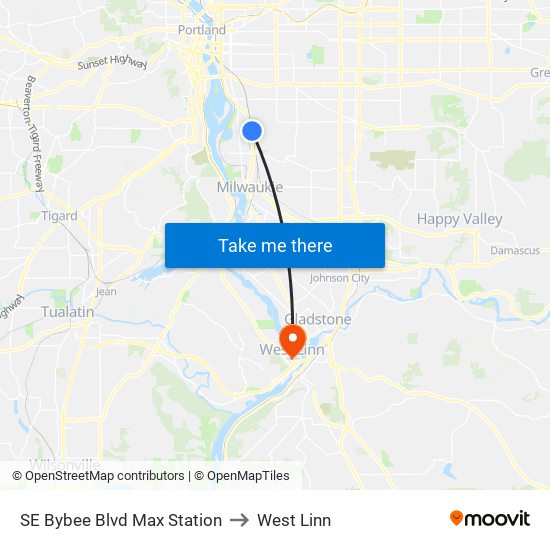 SE Bybee Blvd Max Station to West Linn map
