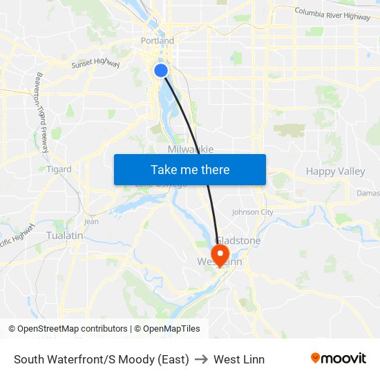 South Waterfront/S Moody (East) to West Linn map
