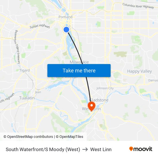 South Waterfront/S Moody (West) to West Linn map