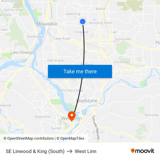 SE Linwood & King (South) to West Linn map