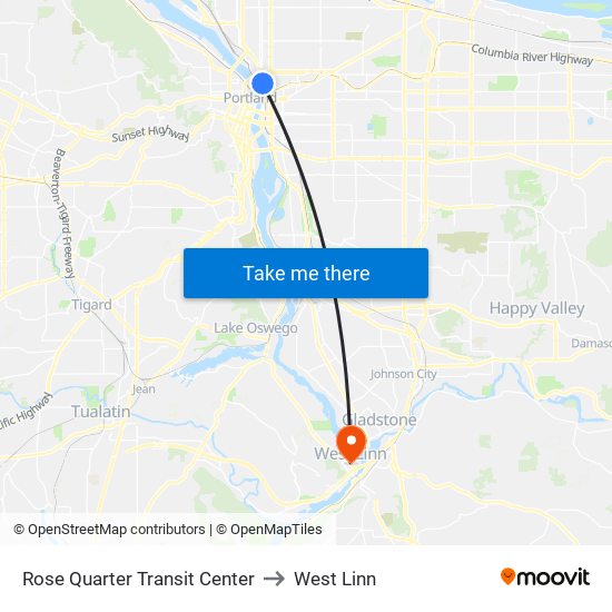 Rose Quarter Transit Center to West Linn map