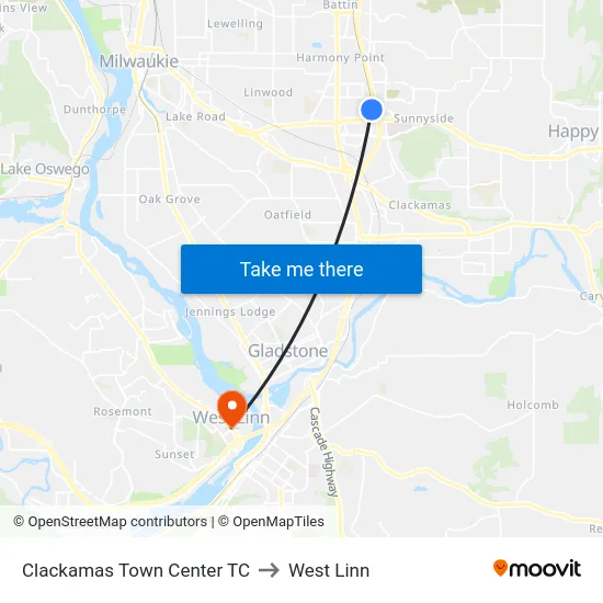 Clackamas Town Center TC to West Linn map