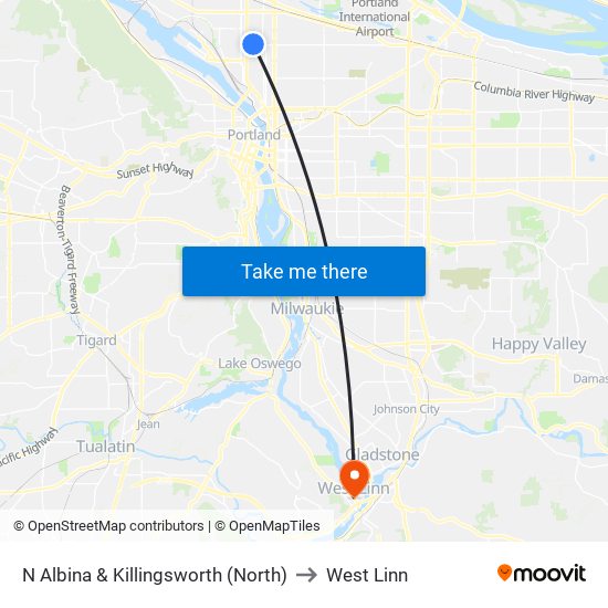 N Albina & Killingsworth (North) to West Linn map