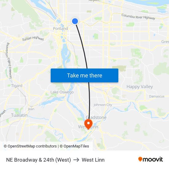 NE Broadway & 24th (West) to West Linn map