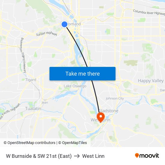 W Burnside & SW 21st (East) to West Linn map