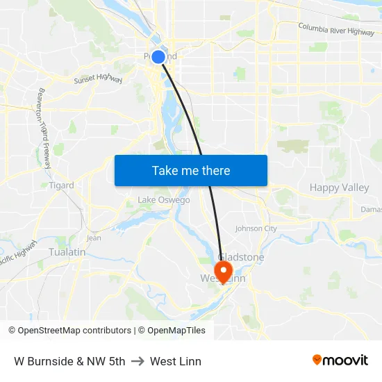 W Burnside & NW 5th to West Linn map