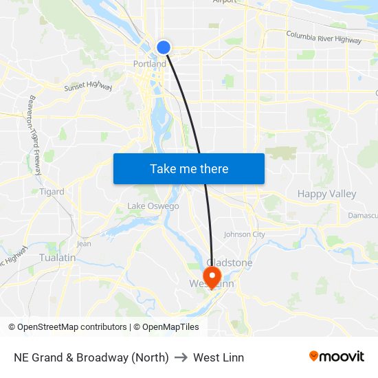 NE Grand & Broadway (North) to West Linn map