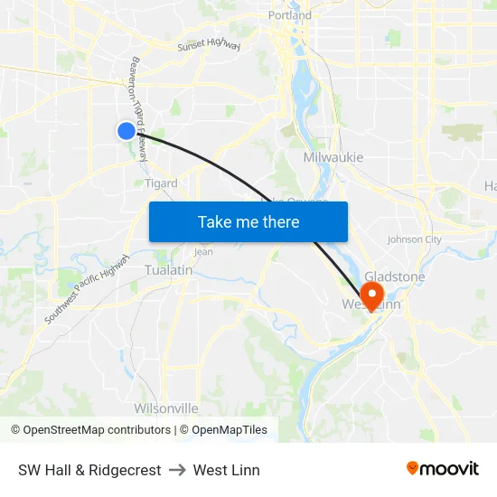 SW Hall & Ridgecrest to West Linn map