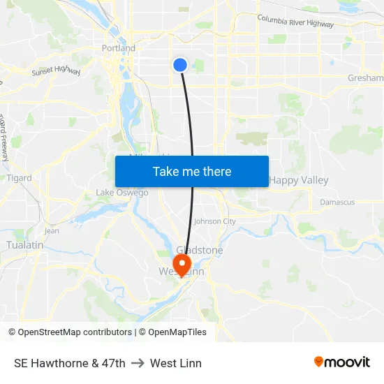 SE Hawthorne & 47th to West Linn map