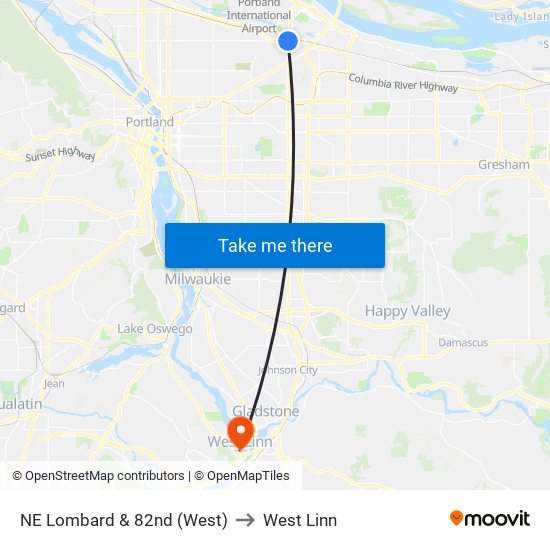 NE Lombard & 82nd (West) to West Linn map