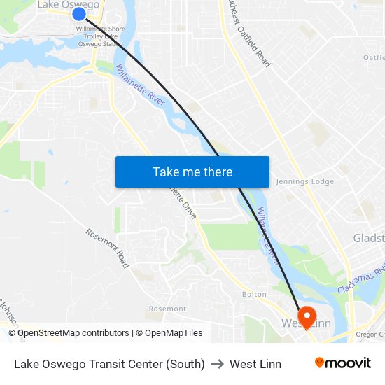 Lake Oswego Transit Center (South) to West Linn map