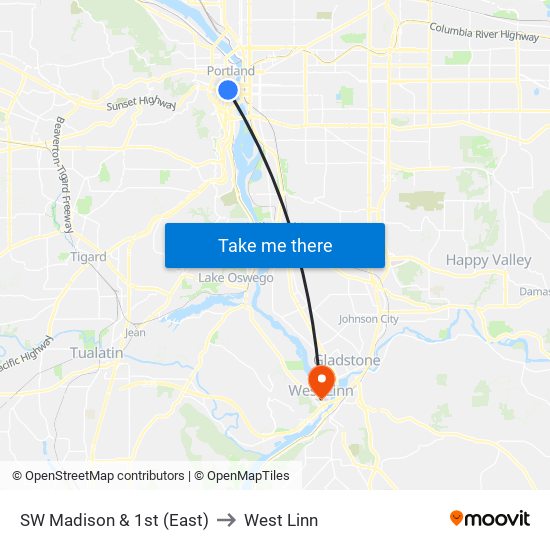 SW Madison & 1st (East) to West Linn map