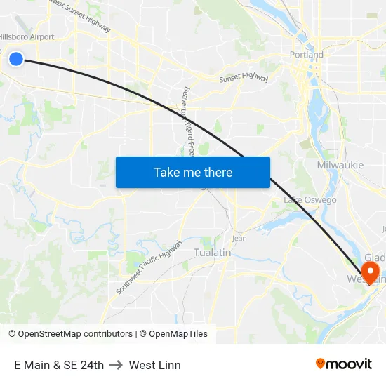 E Main & SE 24th to West Linn map
