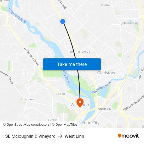 SE Mcloughlin & Vineyard to West Linn map