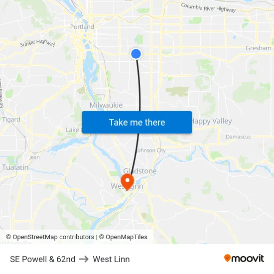SE Powell & 62nd to West Linn map