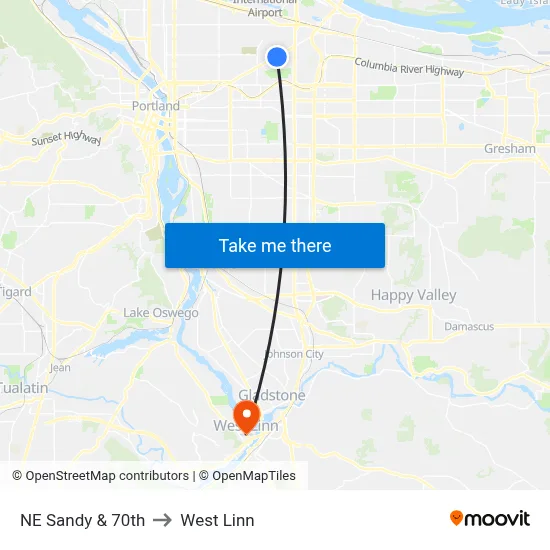 NE Sandy & 70th to West Linn map