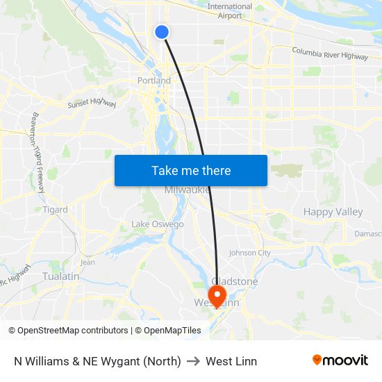 N Williams & NE Wygant (North) to West Linn map