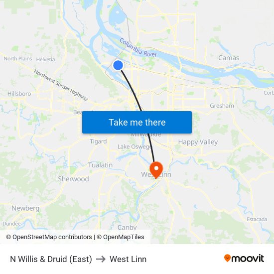 N Willis & Druid (East) to West Linn map