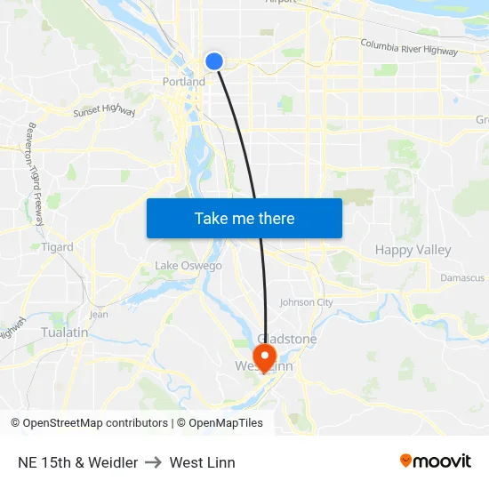 NE 15th & Weidler to West Linn map