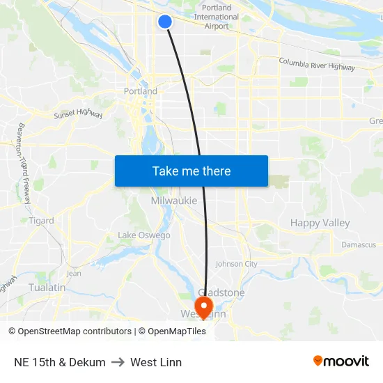 NE 15th & Dekum to West Linn map