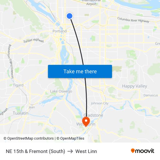 NE 15th & Fremont (South) to West Linn map