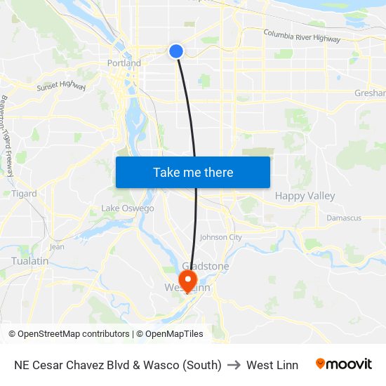 NE Cesar Chavez Blvd & Wasco (South) to West Linn map