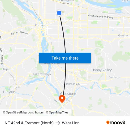 NE 42nd & Fremont (North) to West Linn map