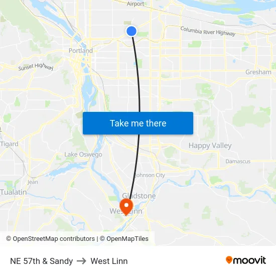 NE 57th & Sandy to West Linn map