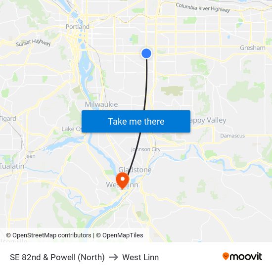 SE 82nd & Powell (North) to West Linn map