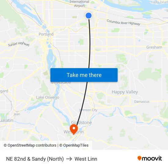 NE 82nd & Sandy (North) to West Linn map