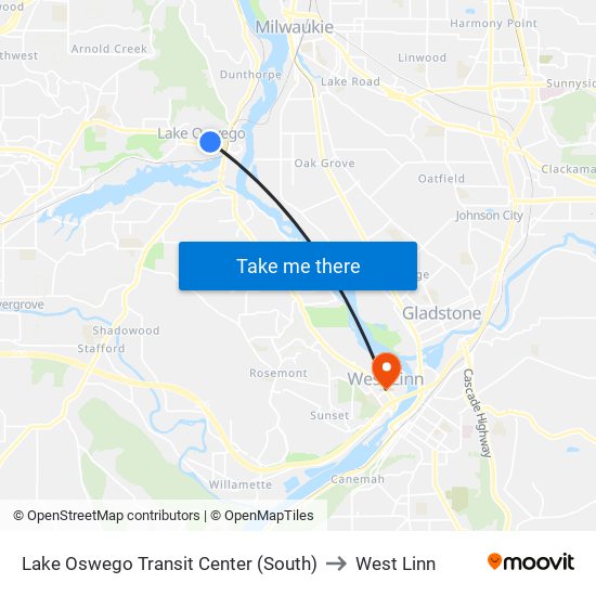 Lake Oswego Transit Center (South) to West Linn map