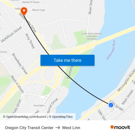 Oregon City Transit Center to West Linn map
