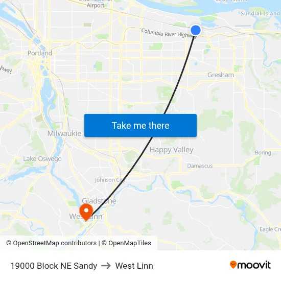 19000 Block NE Sandy to West Linn map