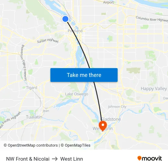 NW Front & Nicolai to West Linn map