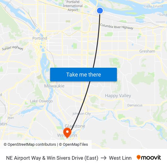 NE Airport Way & Win Sivers Drive (East) to West Linn map