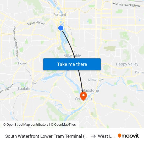 South Waterfront Lower Tram Terminal (West) to West Linn map