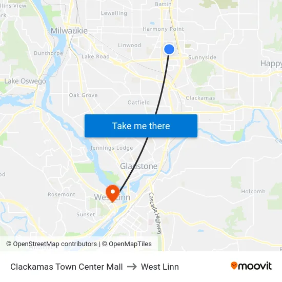 Clackamas Town Center Mall to West Linn map
