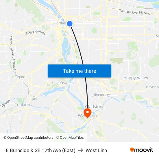 E Burnside & SE 12th Ave (East) to West Linn map