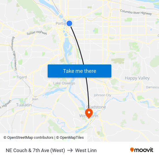 NE Couch & 7th Ave (West) to West Linn map