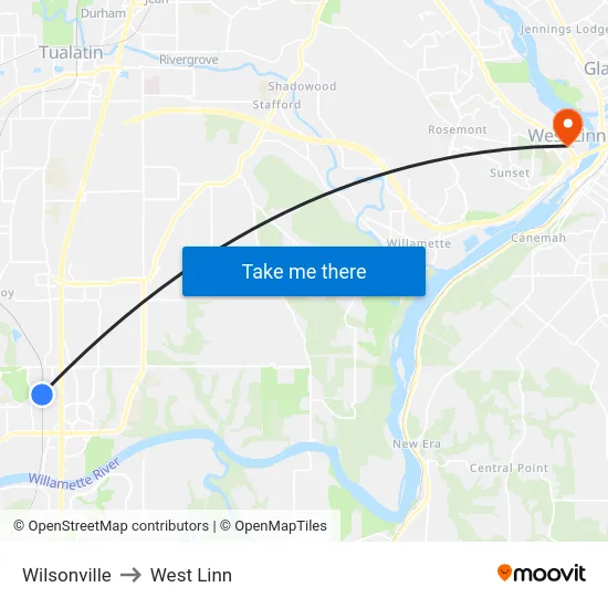 Wilsonville to West Linn map