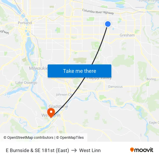 E Burnside & SE 181st to West Linn map