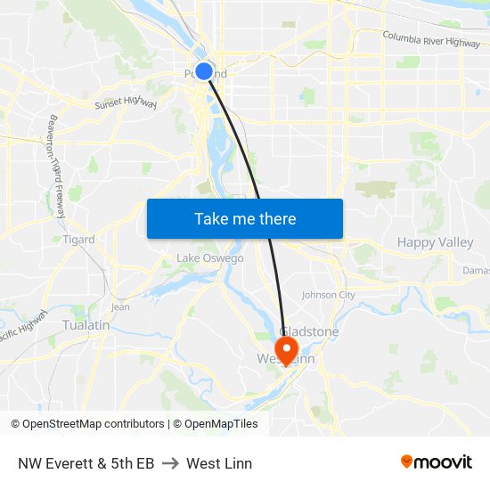 NW Everett & 5th EB to West Linn map
