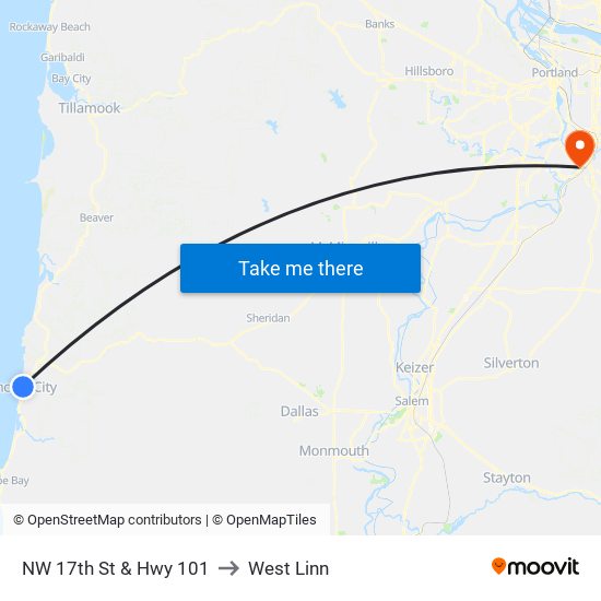 NW 17th St & Hwy 101 to West Linn map